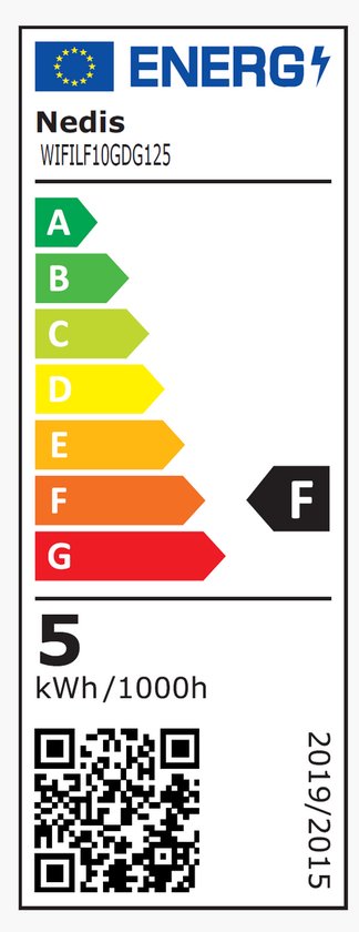 Energie-etiket F voor de Nedis lamp met 5 kWh/1000h verbruik.