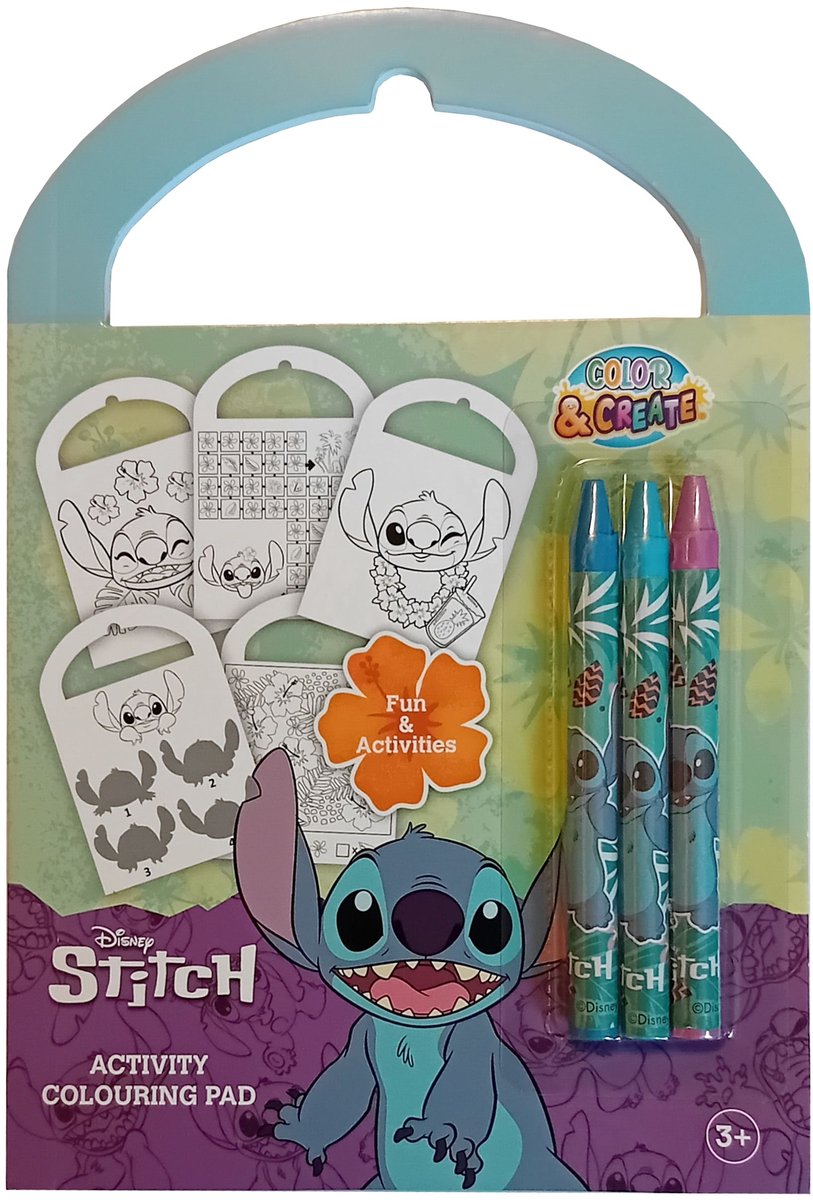 Disney Stitch - Mini activiteiten boek - 5 kleurplaten - 5 puzzels - 10 blanco pagina's - 3 waskrijtjes in donker en licht blauw en paars - 3+ - knutselen