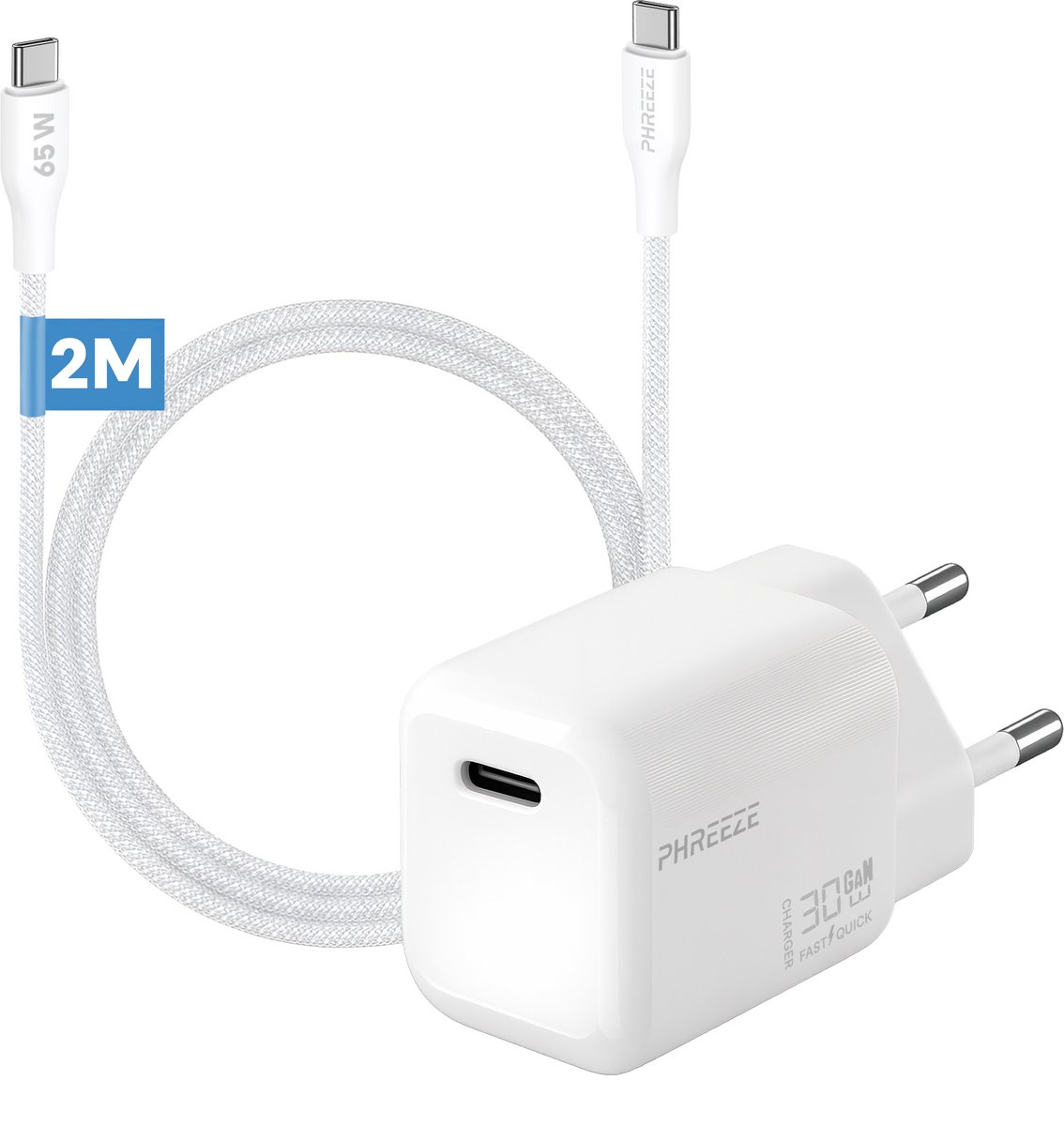 GaN usb C snellader 30w met usb C naar usb C kabel 2 meter - Gevlochten Wit