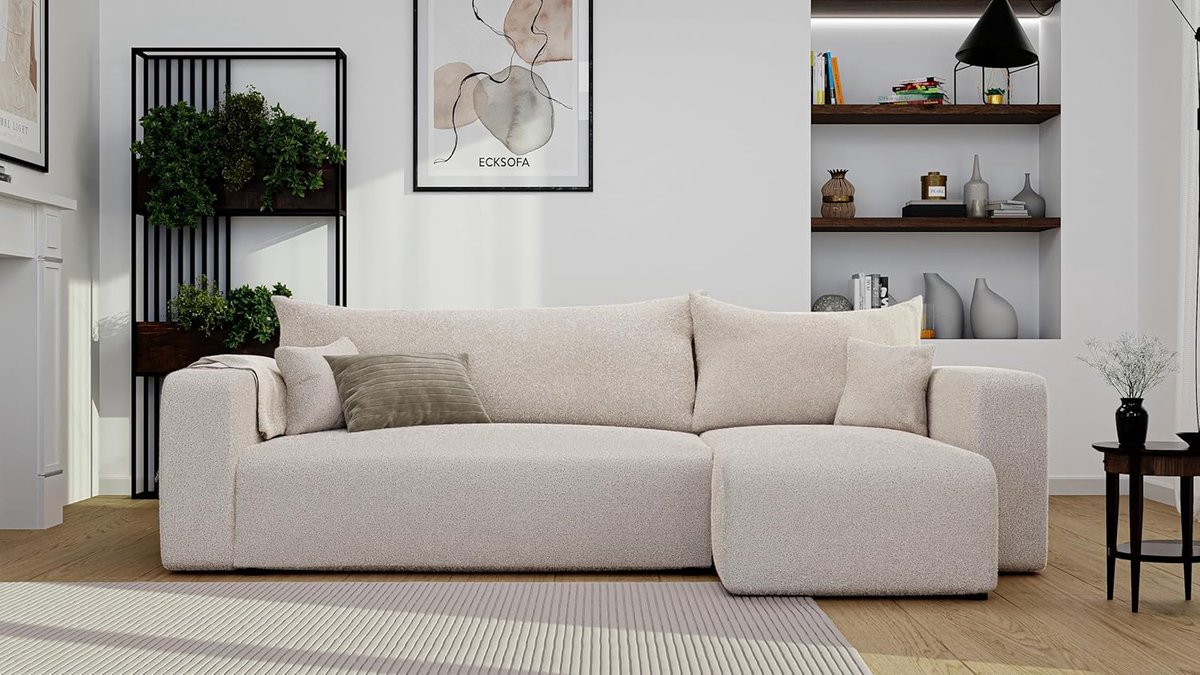 Slaapbank Hoekbank met Bedlade en Slaapfunctie – Luxe 3-Zits Bank met Opbergruimte en Omkeerbare Ottomane – Bouclé Beige 200x125 cm – Comfortabele Hoekbank voor Woonkamer – Modern Design – Ganeey