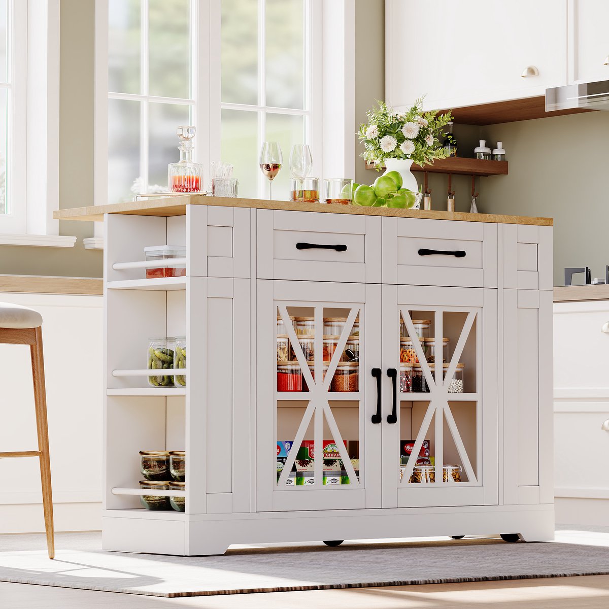 120cm Draagbaar kookeiland met opklapbare eettafel, open opbergvak, AC-aansluiting, USB-aansluiting, glazen deur, verstelbare laminaat, wielen met remmen voor keuken, eetkamer, woonkamer en meer.
