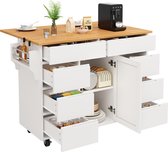 Îlot de cuisine moderne, Armoire de cuisine, Chariot de cuisine coulissant avec roues et plan de travail, Chariot de service avec porte-épices et 8 tiroirs, Blanc