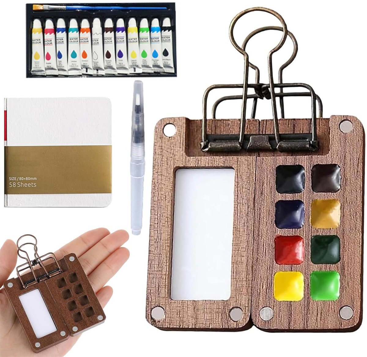 Waterverf - Mini Aquarelverfset voor reizen - Pocket Reizen Verf Tray Doos - Draagbaar palet - Reis Verfdoos - Mini houten verfpalet - Mini Houten Palet Box - 12 kleuren aquarelschilderpalet met aquarelpenselen