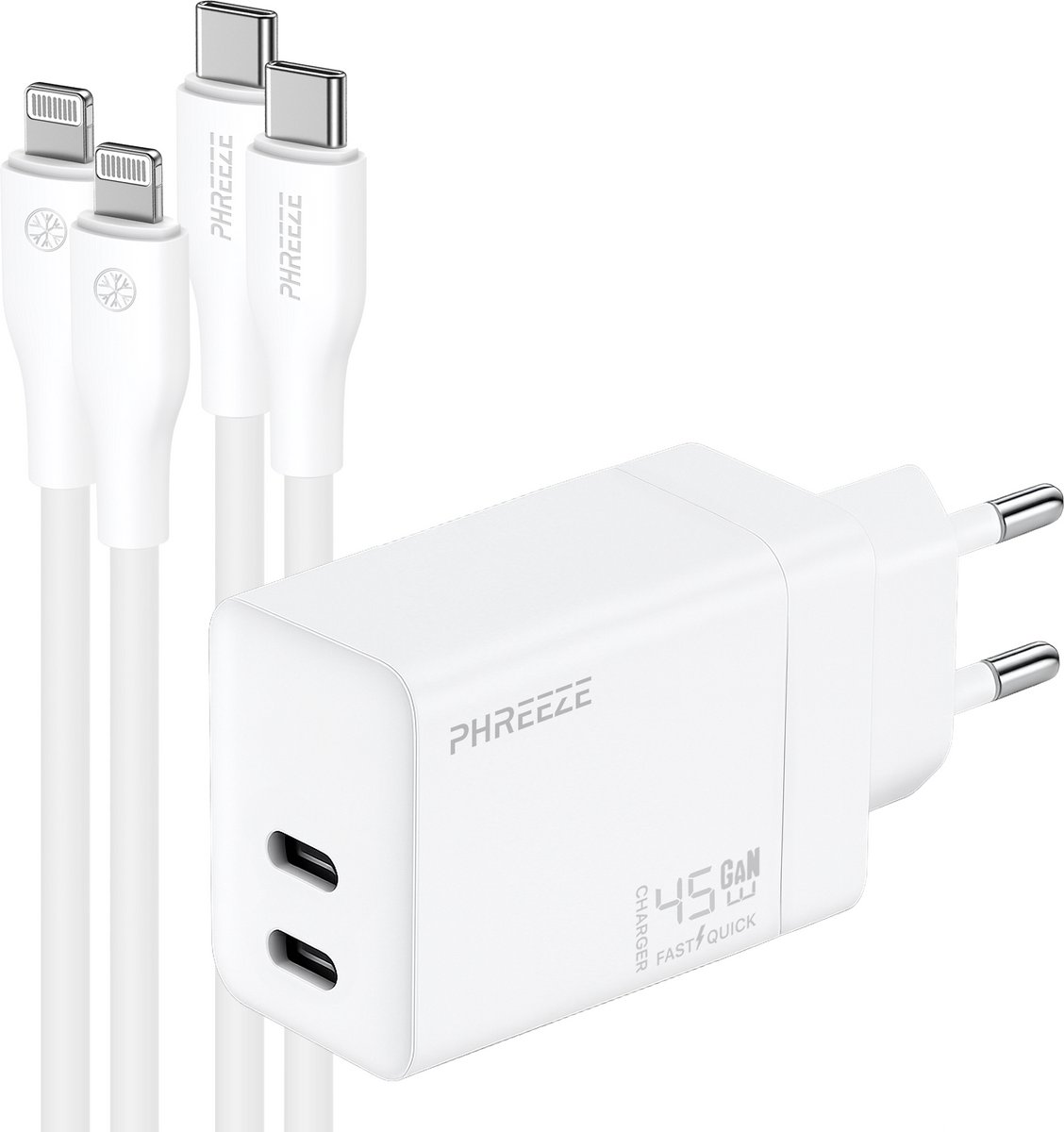 Phreeze oplader met 2 kabels geschikt voor iPhone 14 13 12 11 X XR XS Max Pro Mini Plus en iPad met Lightning kabel 1m