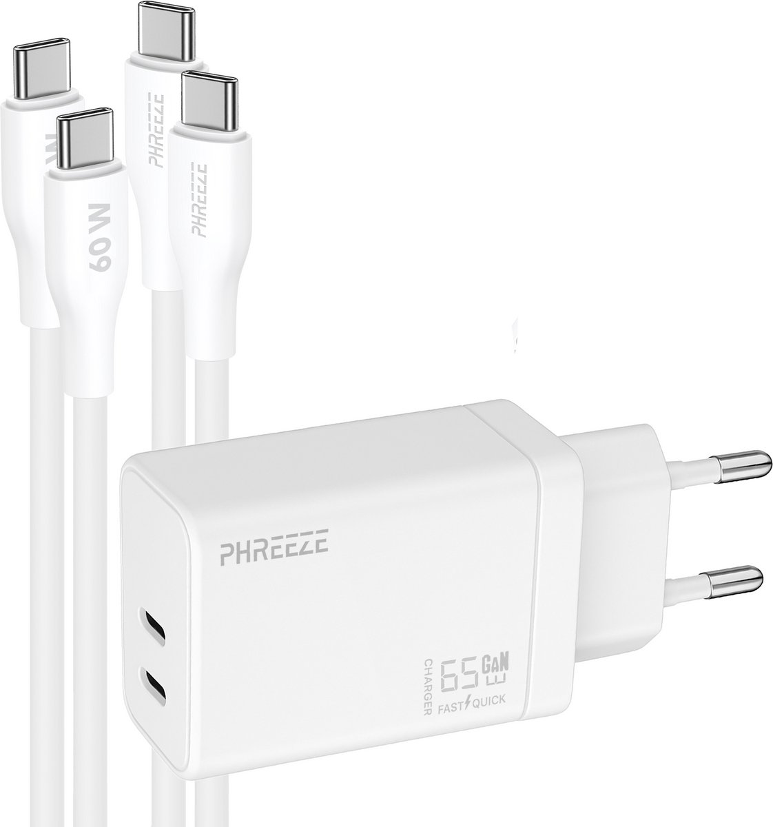 Phreeze usb C adapter 65 W voor laptop en tablet - GaN Power Delivery oplader met 2 usb C kabels 1m