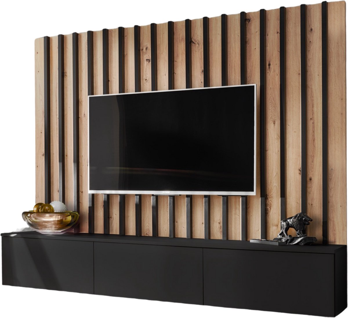 ZHPK – TV Meubel – Lamel wandpaneel hout – Zwevende kast – Zwart – Modern Scandinavisch design