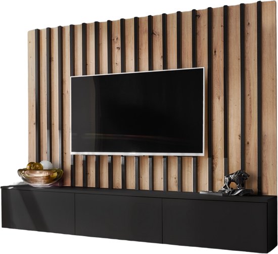 Cheap Thuis – TV Meubel – Lamel wandpaneel hout – Zwevende kast – Zwart – Modern Scandinavisch design