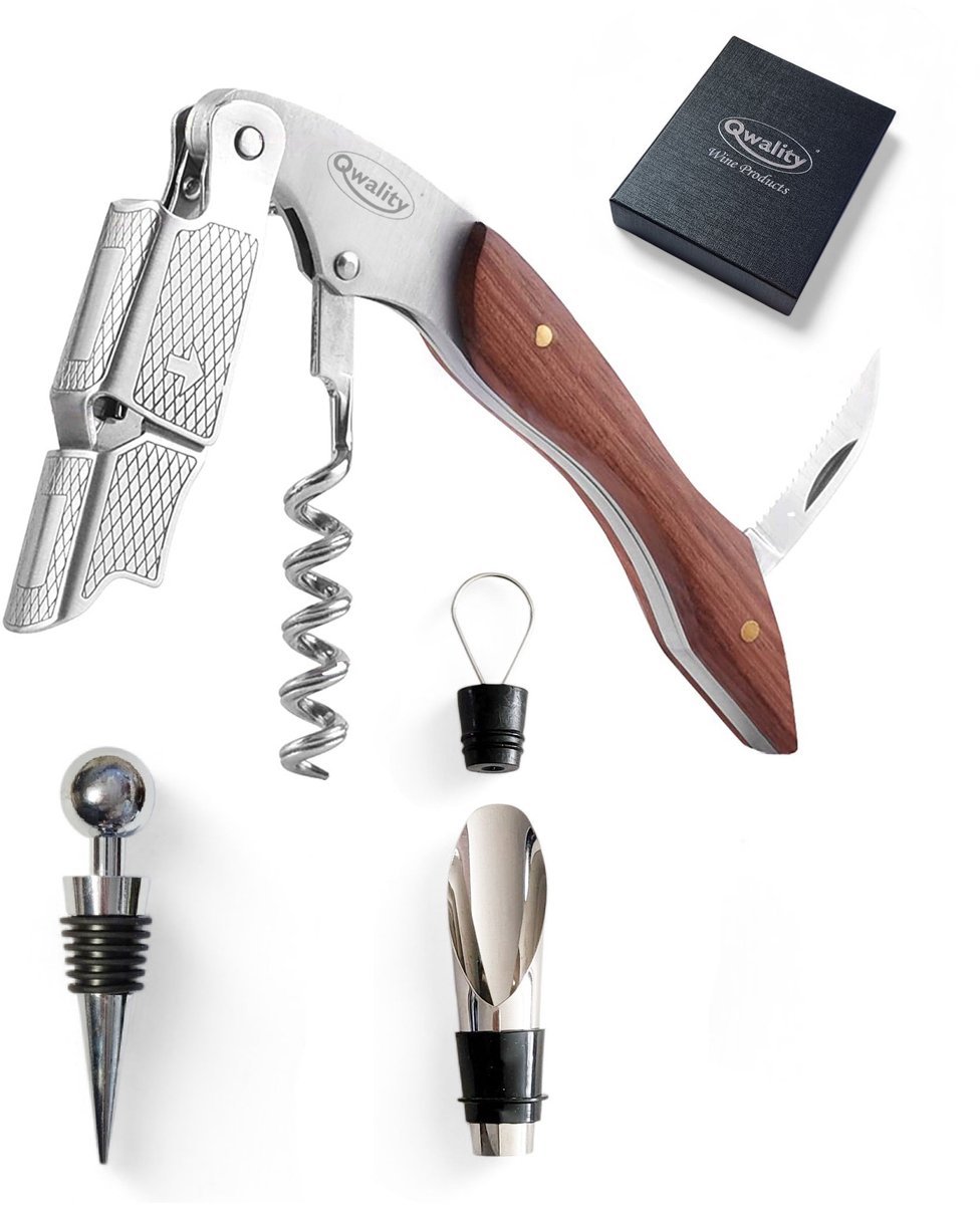 Luxe Wijnopener – Met Flessenstop en Schenktuit - Kurkentrekker - Kelnersmes – Wijn Opener - Flesopener - RVS met Houten Handvat – 2-staps hefboommechanisme – Cadeau voor hem haar - Qwality®