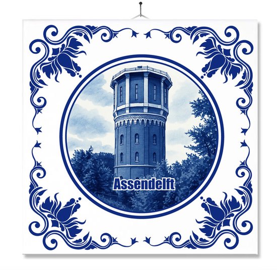Tegel Met Opdruk | Assendelft | Delft Blauw | Cadeau | Inclusief Geschenkdoos | Standaard | Ophangsysteem