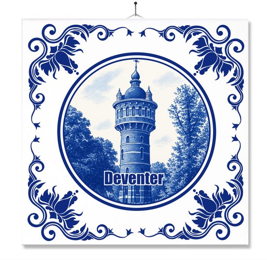 Tegel Met Opdruk | Deventer | Delft Blauw | Cadeau | Inclusief Geschenkdoos | Standaard | Ophangsysteem