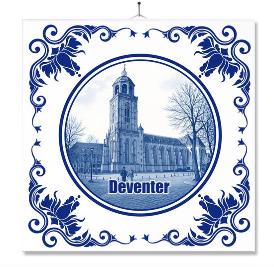Tegel Met Opdruk | Deventer | Delft Blauw | Cadeau | Inclusief Geschenkdoos | Standaard | Ophangsysteem
