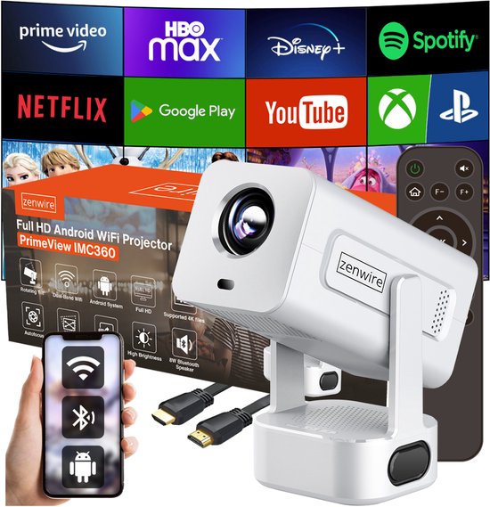 Mini projector Full HD 1080p Android 13 WiFi 6 Bluetooth 5.2 400 ANSI lumen autofocus 270° rotatie