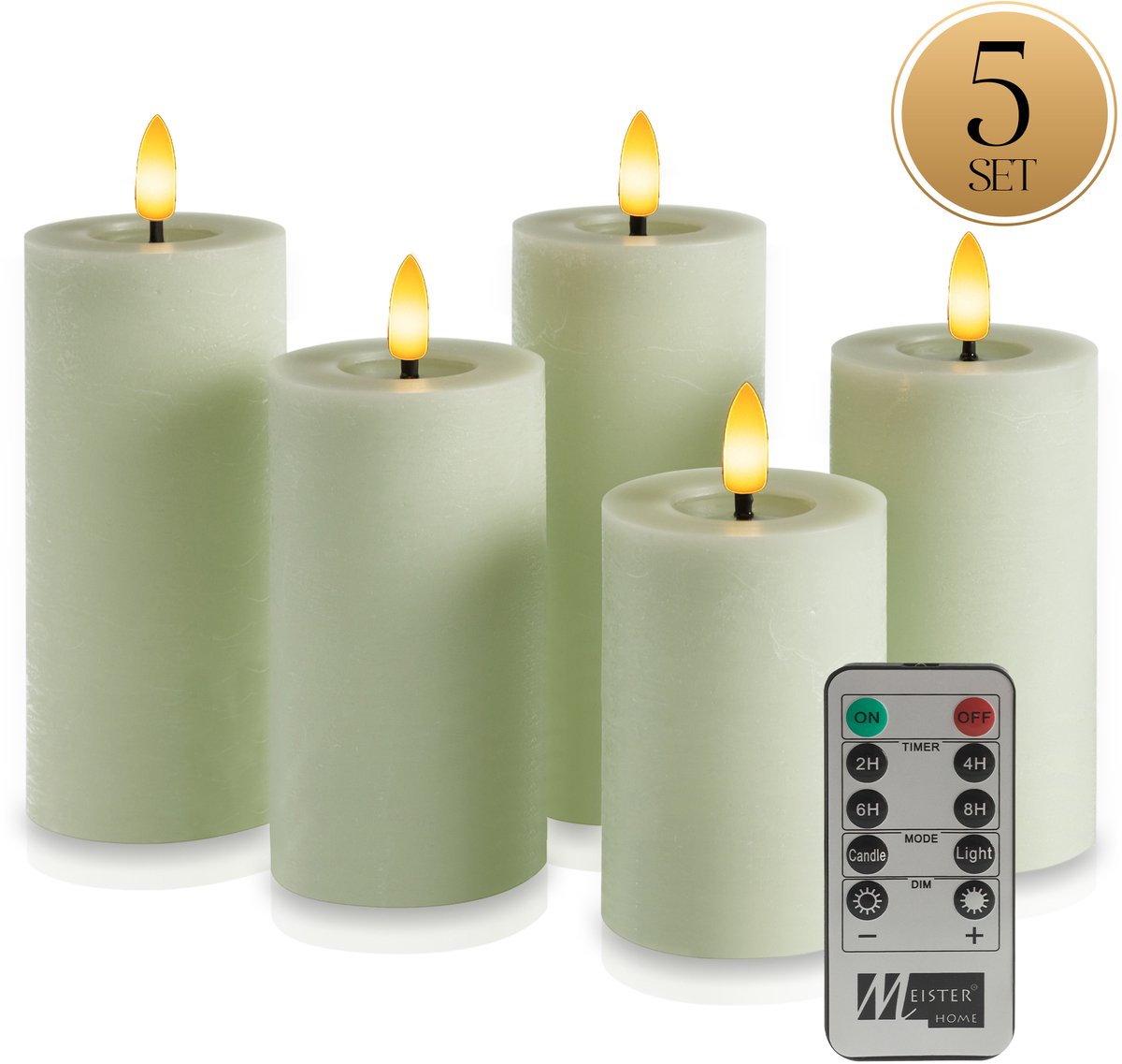 Meisterhome LED Kaarsen 5-delige Set Sage – Vlamloos & Flikkerend Licht – Met Afstandsbediening & Timer – Batterijverlichting – Ø7 cm, Hoogte 10/12,5/15 cm – Rustiek Design – Warm Wit Licht