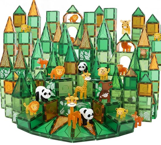 Magnetic Tiles - Speelgoed - 110 Stuks - Magnetische Tegels - Jungle - Educatief & Constructie - Dieren - Montessori - Bouwstenen - Bouwblokken - Bouw je Magna Wereld - Voor 3, 4, 5, 6, 7, 8, 9 Jaar - Kinderen - Olvy
