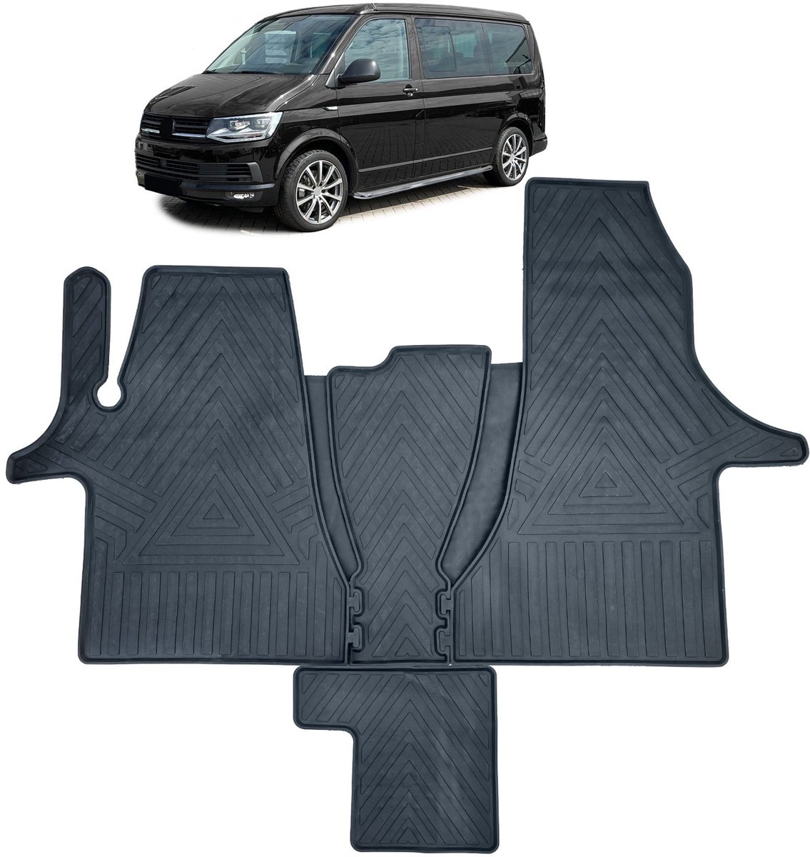 Premium Rubberen Vloermatten voor VW Transporter T6.1 4-delige Set Inclusief Tunnelafdekking Geurloos, Antislip & Perfecte Pasvorm Zwart