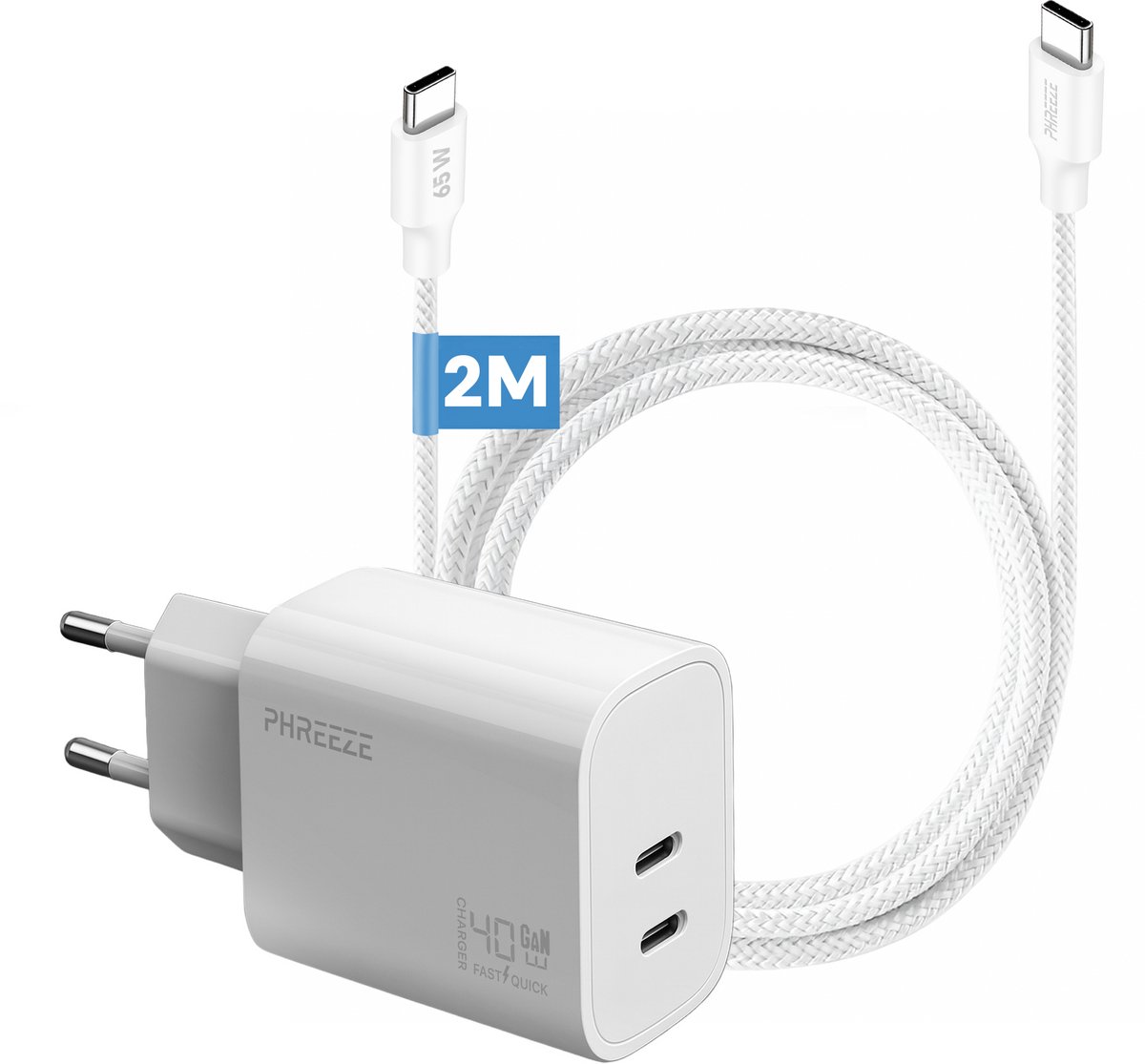 Phreeze usb C oplader 40w met kabel 2 meter - Power Delivery snellader