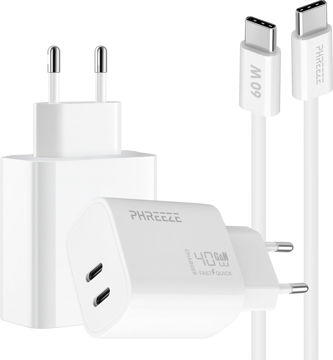 Phreeze usb C oplader 40w met kabel - Snellader met 2 poorten