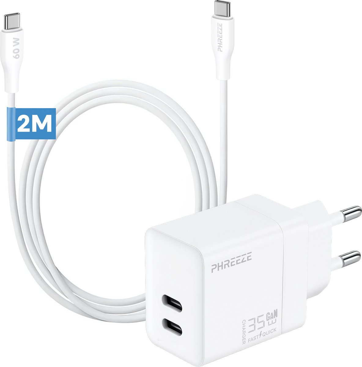 Phreeze usb C snellader 35w met kabel - 2 meter - Power Delivery oplader - GaN charger met 2 poorten