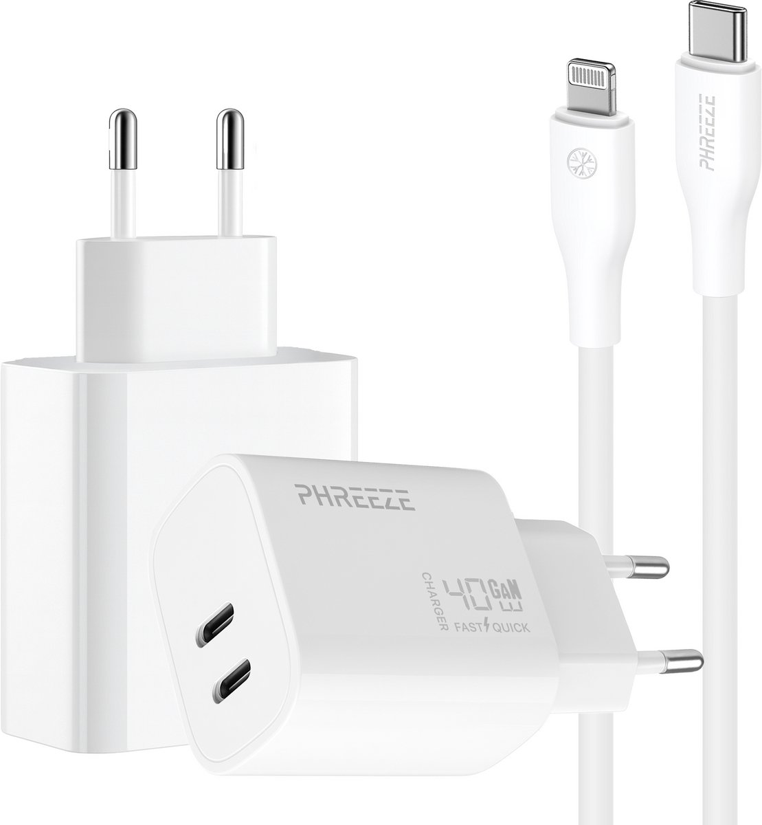 Phreeze usb C snellader - Met kabel geschikt voor iPhone en iPad met Lightning kabel - Power Delivery oplader met dubbele usb C poorten