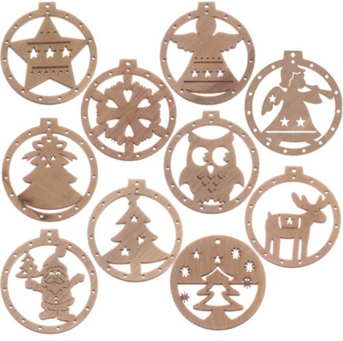 Ruhhy Houten kerstballen - Bruin/Beige - 10 stuks
