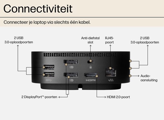 Achterkant van de docking station met 2x USB-A, 2x DisplayPort, HDMI, RJ45, anti-diefstal slot en audio-aansluiting.