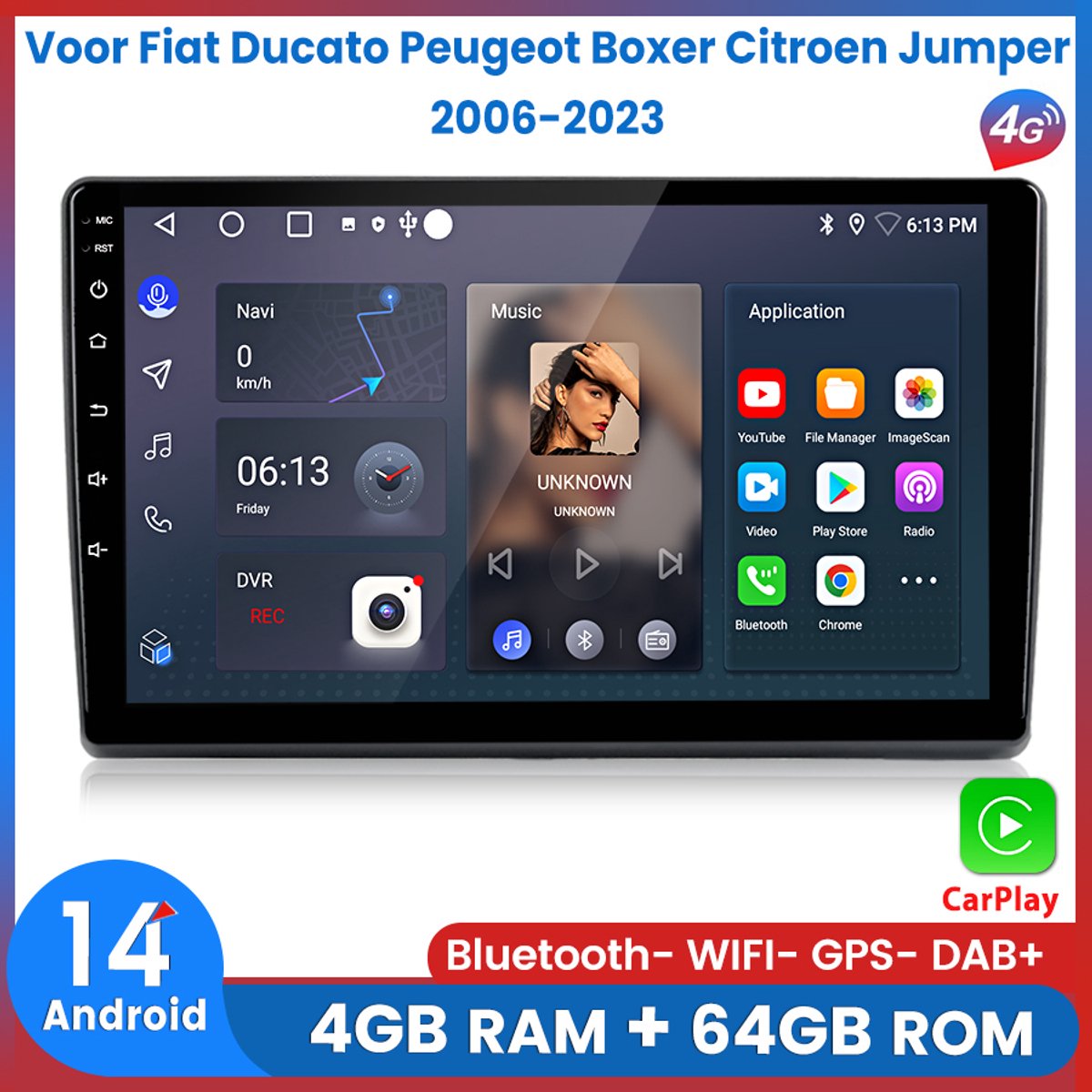 Awesafe Autoradio - Geschikt Voor Fiat Ducato Peugeot Boxer Citroen Jumper 2006 t/m 2023 - RAM 4GB + ROM 64GB - 8 Kern V1PRO - Draadloos Apple Carplay & Android auto - GPS Navigatie 4G WIFI - Ondersteuning invoegen 4G SIM