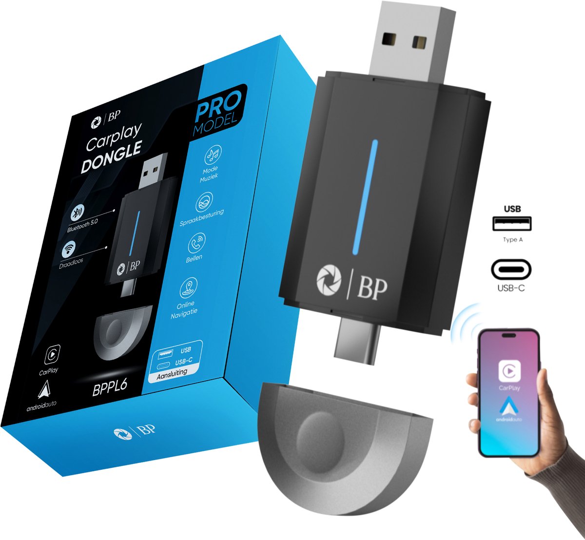 BP® Carplay Dongle - Geschikt voor Carplay Dongle - Geschikt voor Apple Carplay & Android Auto - Geschikt voor Carplay Draadloos - USB en USB-C Aansluiting - Zwart