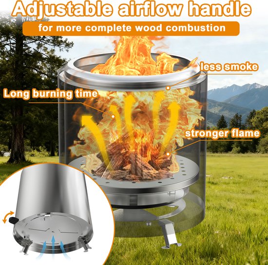 Camping Houtoven φ14cm – Verstelbare Ventilatie & Windregelaar, Draagbaar met Transporttas — afbeelding 3