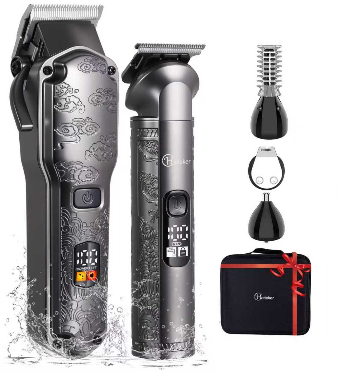 HATTEKER Tondeuse en 4-in-1 Trimmer Set – Haar- en Baardtrimmer, Precisietrimmer, Neushaartrimmer, Lichaamshaartrimmer – Opbergcase – Cadeau voor Mannen – Grijze