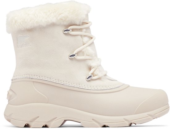 Crème kleurige dames snowboot van Sorel met witte bontkraag en veters.