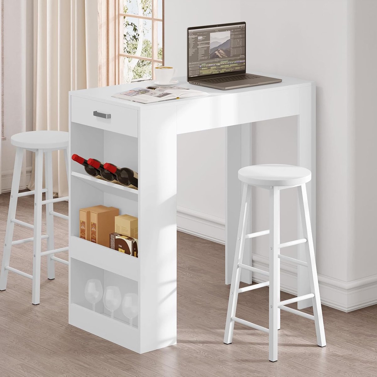 Barkruk set van 2 industrieel 30x30x71 cm – houten zitting & metalen frame met voetensteun – hoge kruk voor keuken, bar & eetkamer – Wit– Altameubel