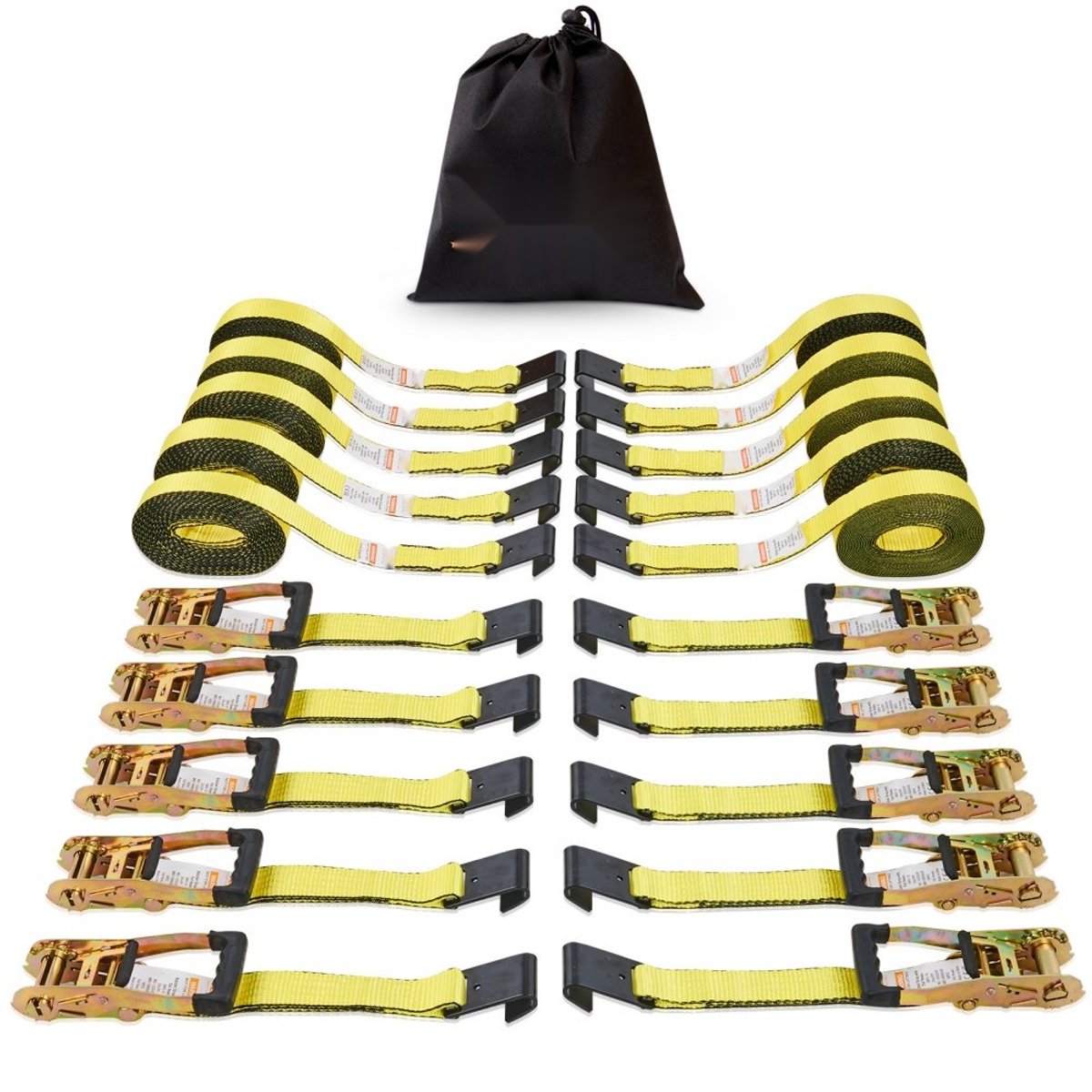 Spanbanden Set - Ratel- en Sjorbanden 10-delig - 5 cm x 9 m - Breeksterkte 4536 kg - Polyester Band - Haken van Koolstofstaal - Voor Motor, Fiets, Kajak, Boot, ATV/UTV