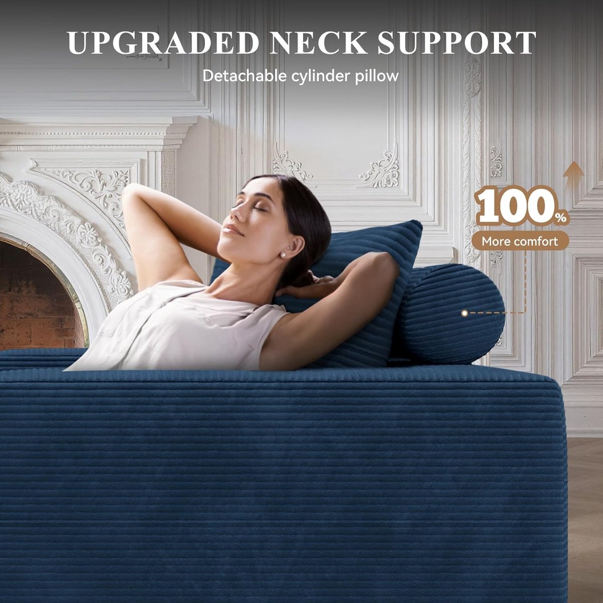 Luxe Hoekbank met Slaapfunctie en Chaise Longue Rechts – L-Vormige Corduroy Slaapbank Zonder Montage, Comfortabele 3-Zits Bank met Extra Kussens, 264 x 177 x 59 cm – Blauw