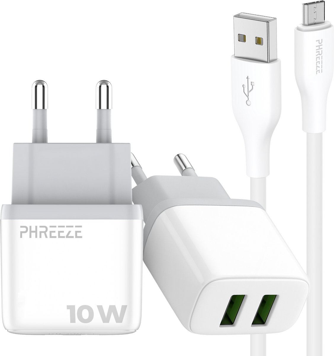 Phreeze usb adapter - Micro usb kabel 1 meter - 5v 2a power adapter met 2 poorten voor micro smartphone tablet ereader controller - Oplader kabel