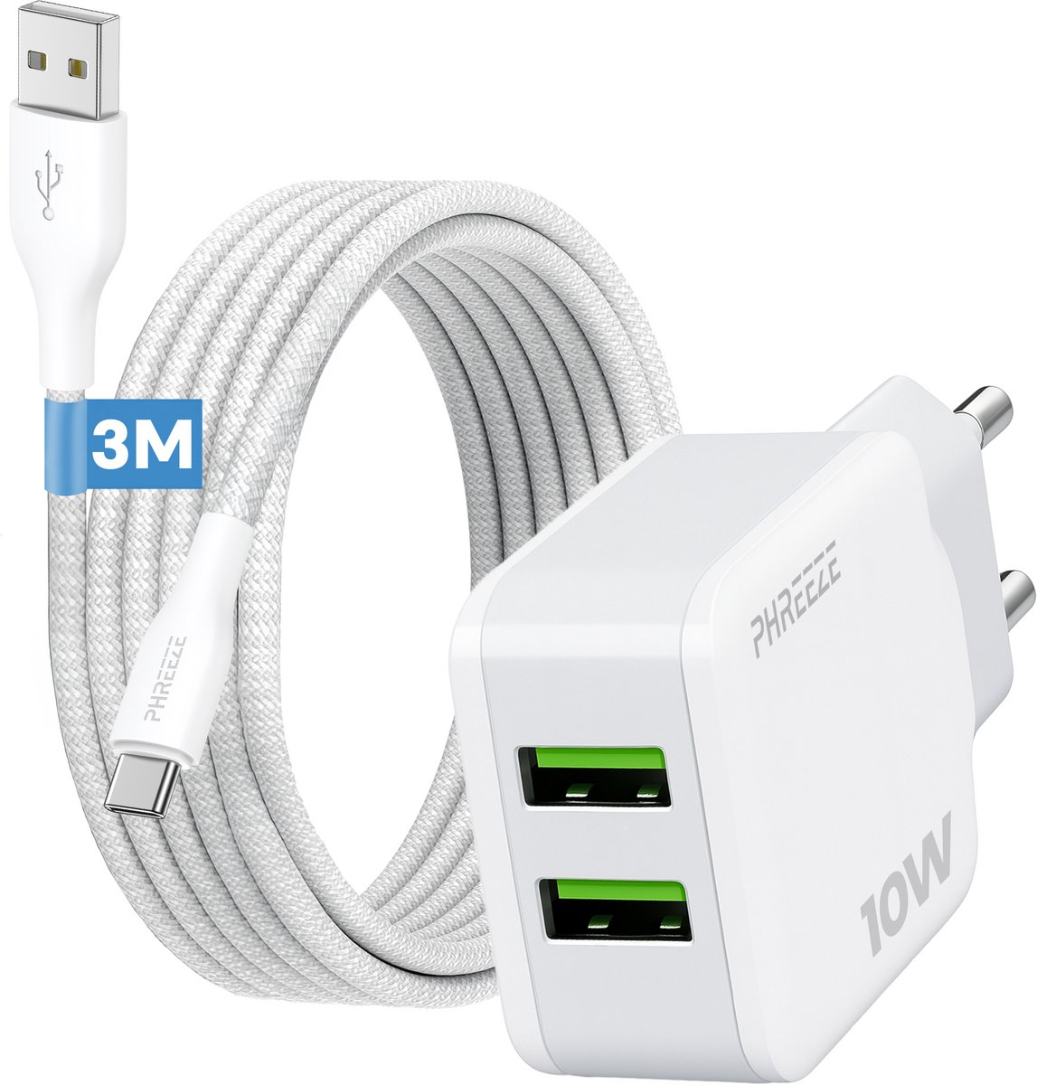 Dubbele usb stekker 10w - Usb naar usb c - Oplaadstekker met 2 usb poorten en usb oplaadkabel 3 meter - Oplader voor smartphone tablet headset speaker