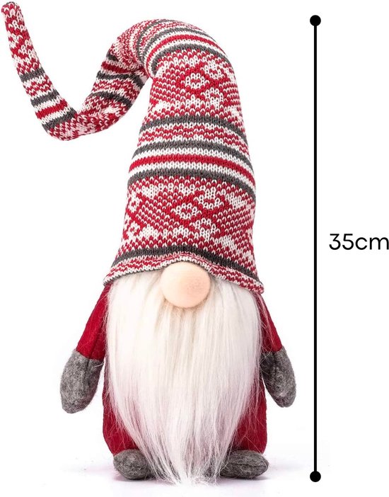 Nain de Noël de 35 cm avec un long bonnet pointu en tricot rouge, blanc et gris à motifs et une barbe blanche.