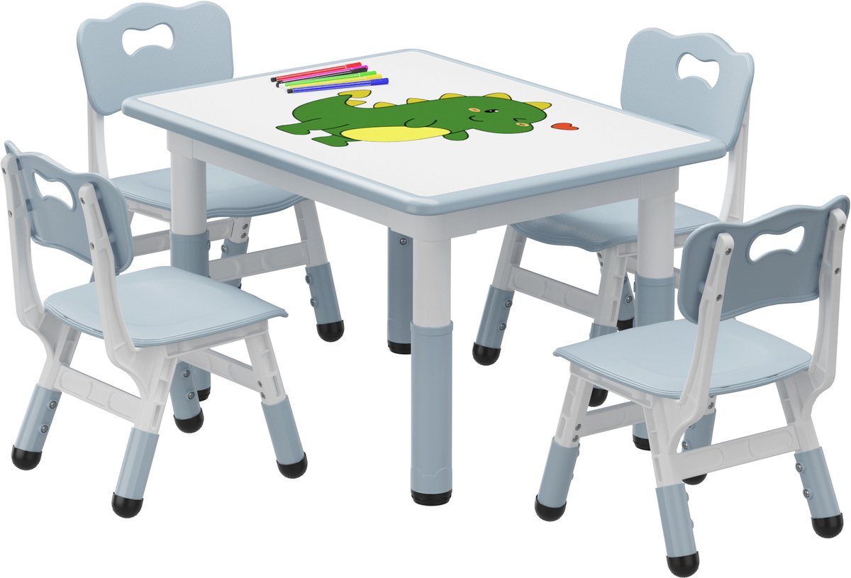 HOERFURIY Kindertafel met 4 in hoogte verstelbare stoelen - beschrijfbaar en afwisbaar tafelblad + antislipvoetjes - voor kinderen van 2-10 jaar - thuis/crèche/school -Blauw