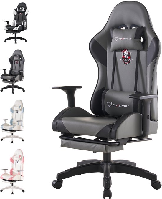 FOXSPORT Gaming stoel - Gamestoel mit 90°-155° Rugleuning - Verstelbare Rug- en Armleuningen - Met lendensteun en hoofdsteun - Ergonomisch - Max Gewicht 150 kg - Zwart/Grijs
