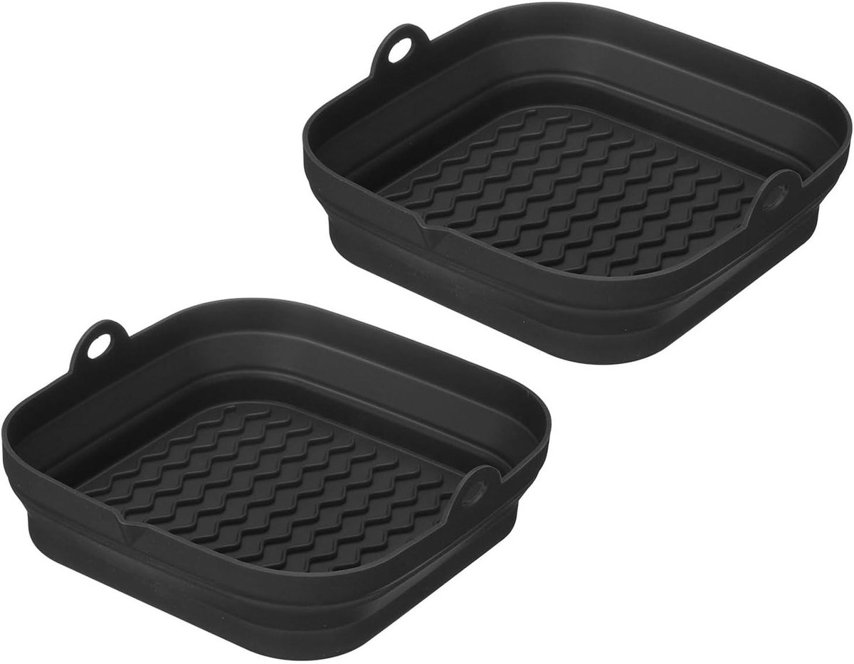 Airfryer Bakje - 2 Stuks - Heteluchtfriteuse Bakvorm - Bakplaat - Siliconen - Bakpapier Alternatief - Opvouwbaar - Herbruikbaar - Airfryer Accesoires - voor Magnetron, Oven, Koelkast - 21*20.3*5cm - Zwart — afbeelding 1