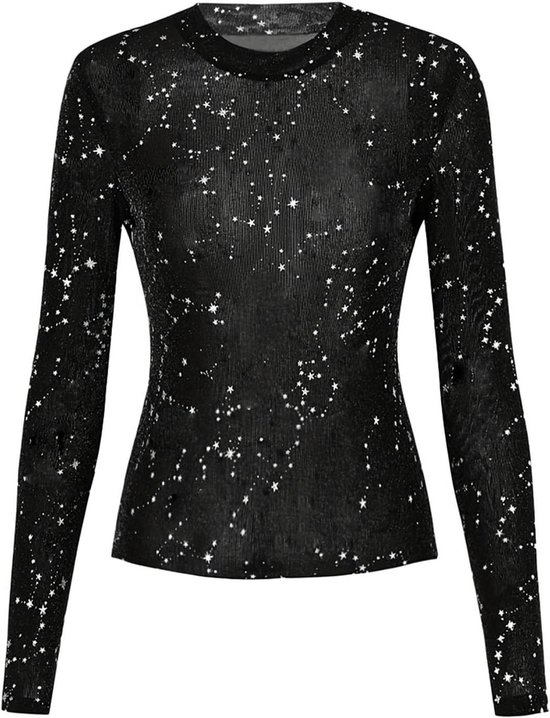 EGoods - Chemisier à manches longues en résille à sequins pour femme - Haut festif transparent à col rond - Chemise cintrée style carnaval
