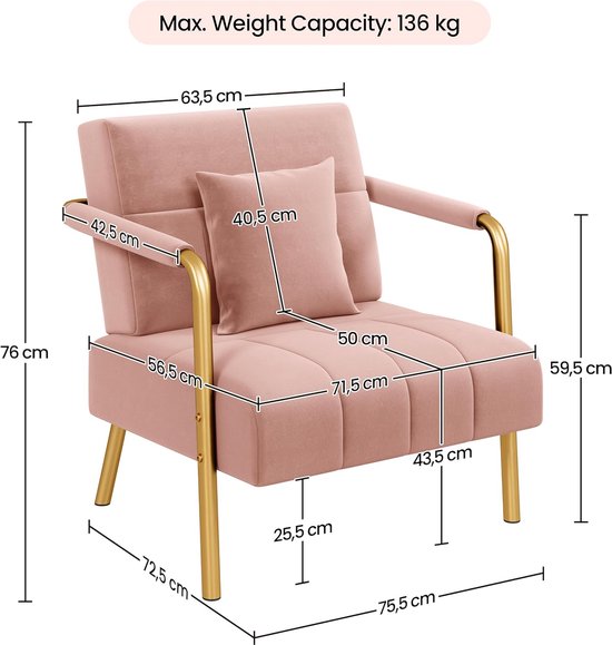 Ya-Home Mrtal Enkele stoel van chenille, kleine fauteuil met armleuningen, leesstoel met poten voor slaapkamer/woonkamer, roze