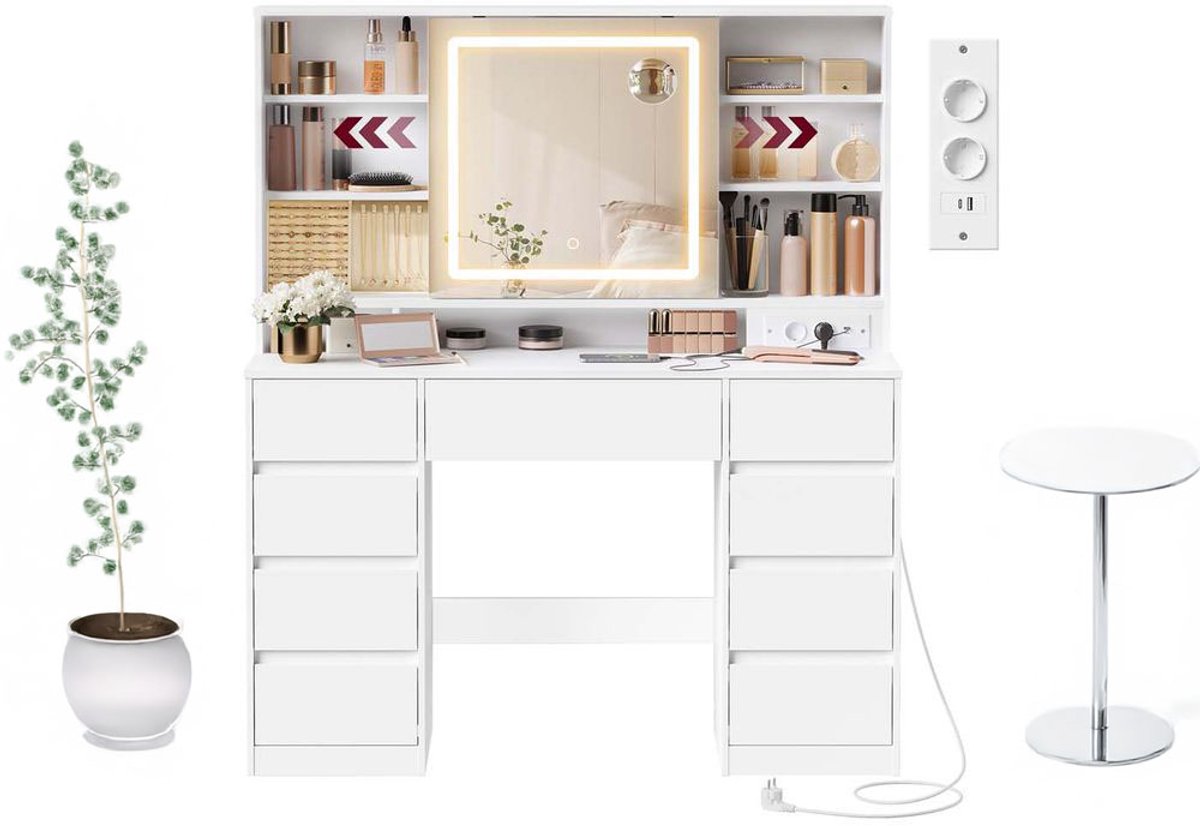 Homesy Kaptafel met spiegel en ledverlichting, stekkerdoos, 9 lades, 10x vergrotende spiegel, 3 lichtkleuren, verstelbare planken, wolkenwit