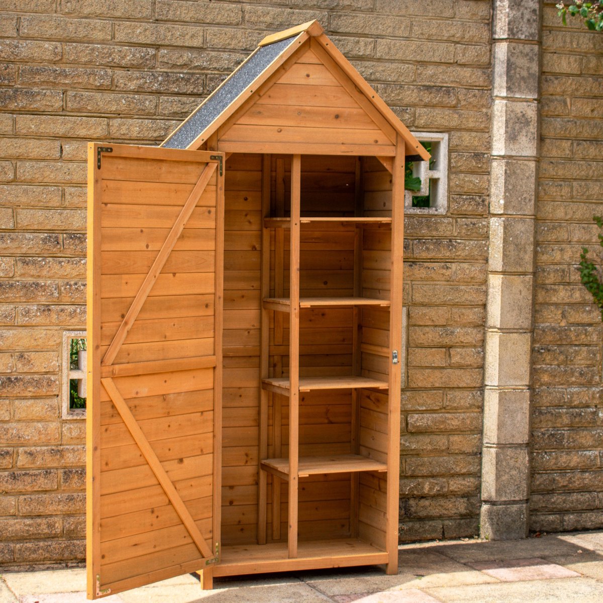 BPS Deluxe Houten Gereedschapstoren – 178 x 82 x 45 cm – Outdoor Gereedschapsopslag – 4 Verwijderbare Planken – Weerbestendig Asphalt Dak – Verticale Gereedschapsorganizer