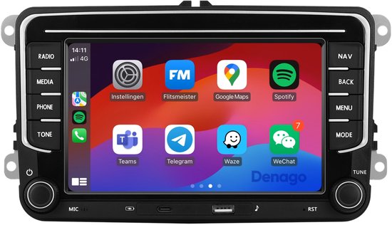Zwart autoradio-display met iconen voor Instellingen, Flitsmeister, Google Maps, Spotify, Teams, Telegram, Waze en WeChat. Toont 'Denago'.