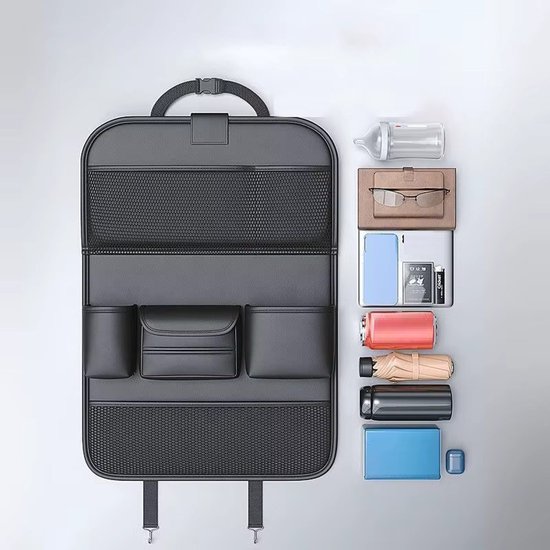 Auto Organizer met Uitklapbare Tafel - PU Leer - Rugleuning Opberger met Mesh Vak & Bekerhouders - Kinder Tafeltje voor Achterbank - Zwart - 64x45 cm van Merkloos — afbeelding 2