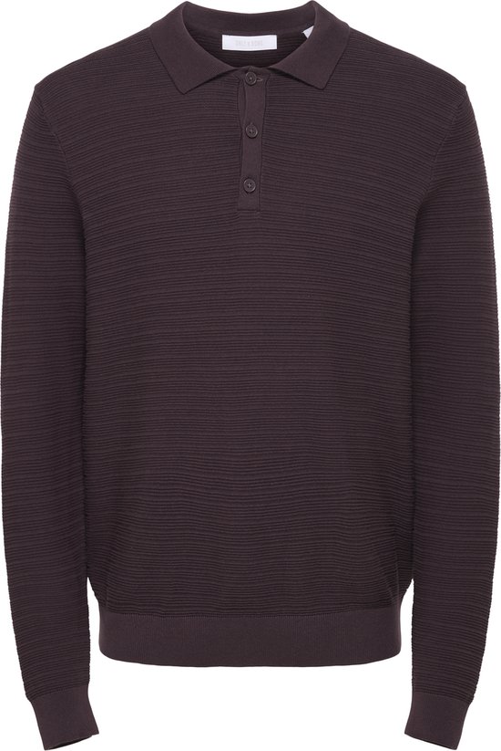 Donkerbruin gebreid poloshirt met lange mouwen, knoopsluiting en kraag.