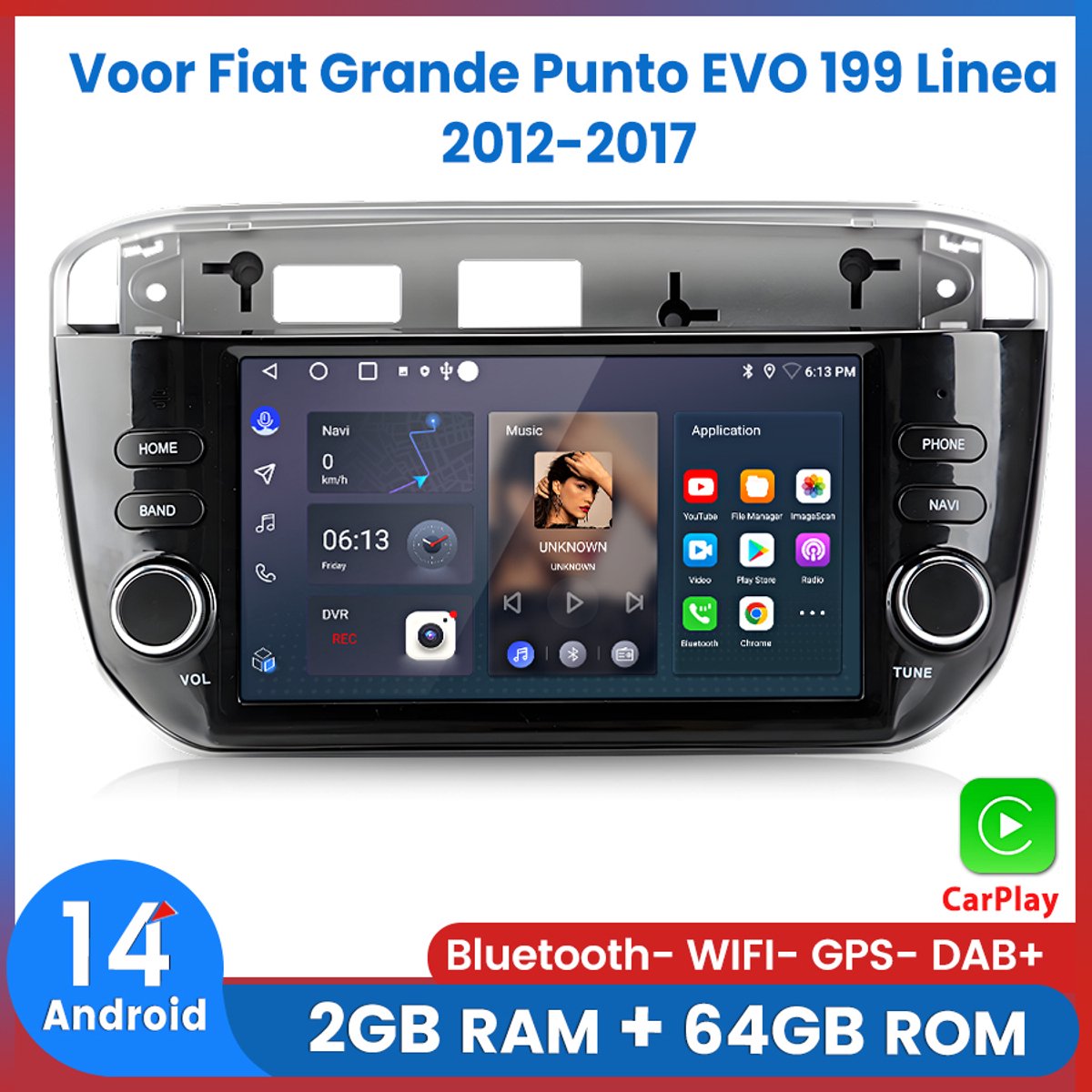 Awesafe Autoradio - Geschikt voor Fiat Grande Punto EVO 199 Linea 2012 t/m 2017 - 7 inch IPS Scherm - Draadloos Apple CarPlay & Android Auto - Ram 2GB + Rom 64GB - GPS Navigatie Bluetooth WIFI - Radio Scherm