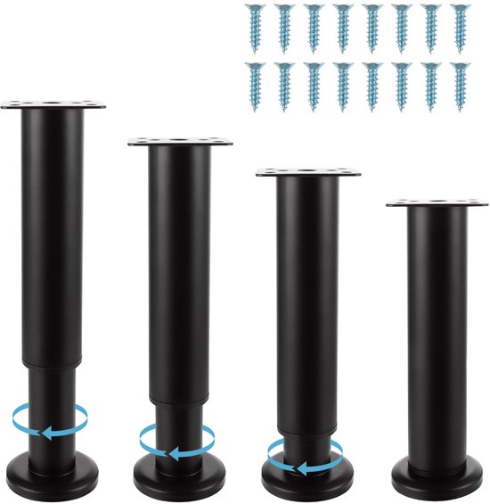 4 stuks verstelbare meubelpoten, zwart, hoogte 50 mm, meubelpoten, hoogte verstelbaar 0-15 cm, metalen kastpoten, kastpoten voor onderstelpoten, onderstelpoten, bank- en tafelpoten