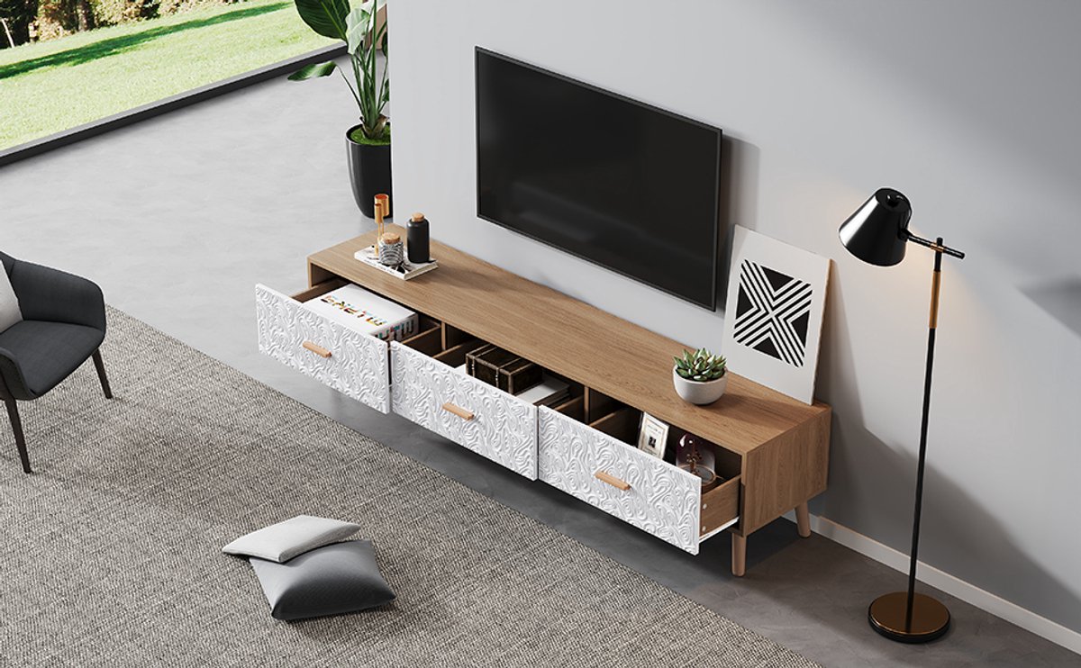 STILVORA Retro TV-meubel met Houten Afwerking en Witte Deuren - Voor woonkamer, slaapkamer