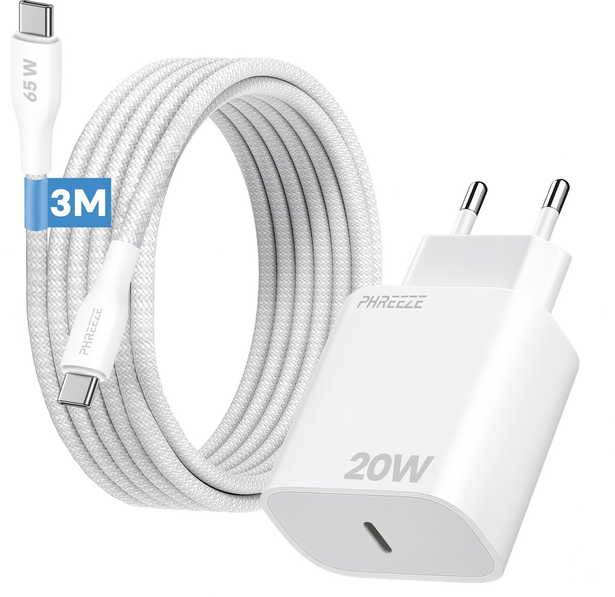 Phreeze usb C adapter 20 W - Power Delivery charger met usb C naar usb C kabel 3 meter - Stevige gevlochten oplaadkabel voor snelladen